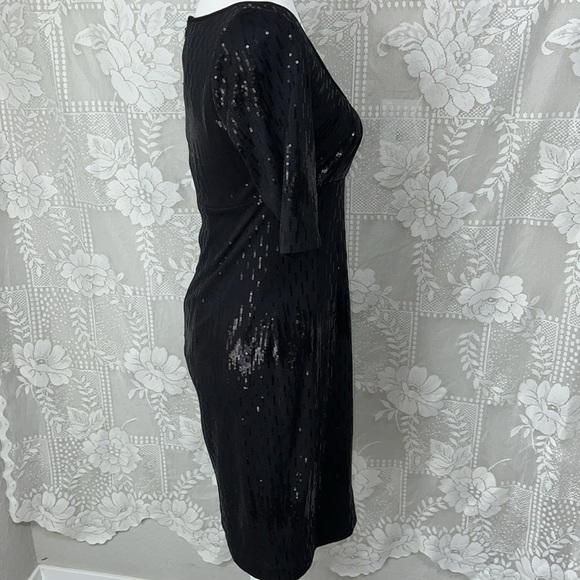 Suzi Chin Black Sequin Jersey Pleated Scoop Neck Party Cocktail Dress - Picture 7 of 10